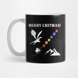 Merry Critmas Santa Claus with Rainbow Polyhedral Dice Set Sleigh Tabletop RPG Collector Mug